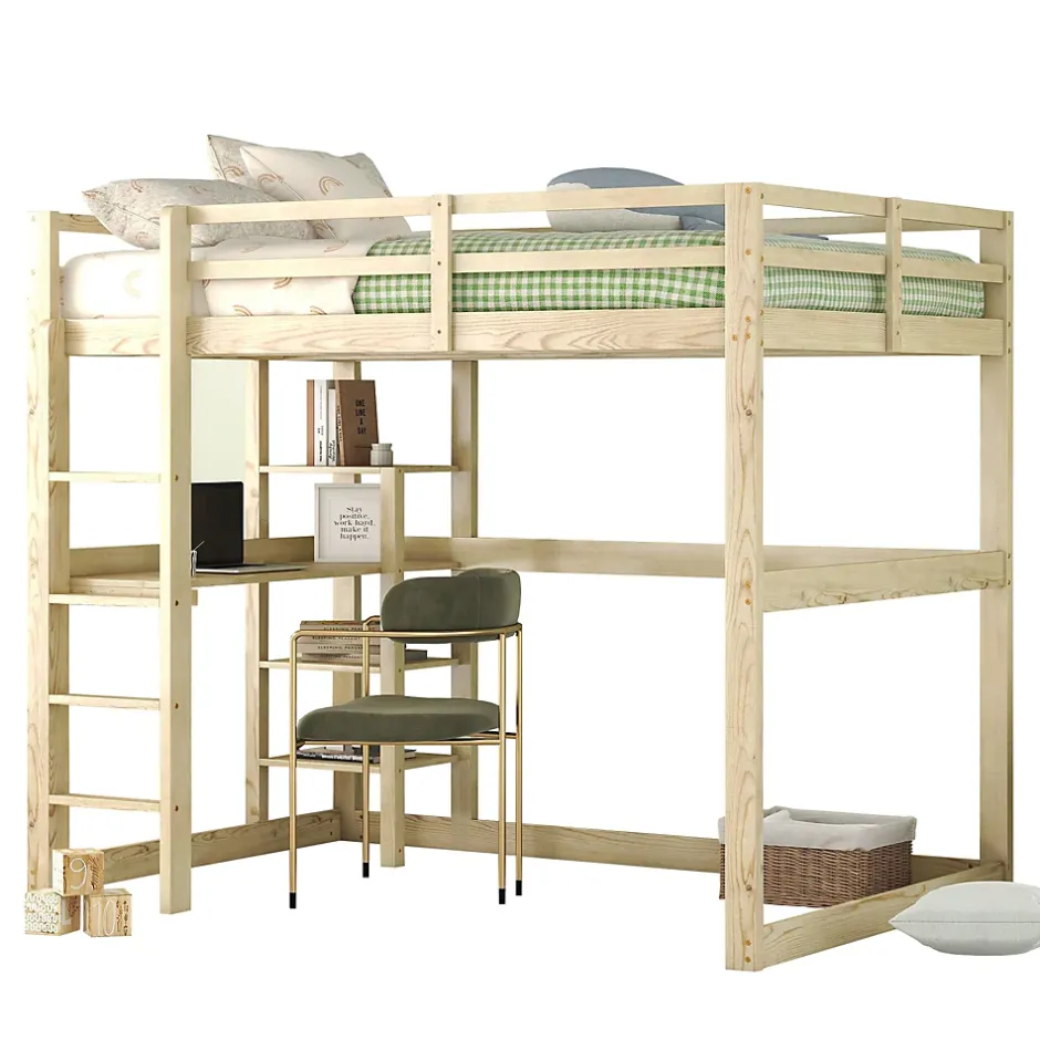 Okwish Lit Mezzanine 140x200 cm - Lit en Bois avec Bureau et 4 Compartiments de Rangement, Lit en Pin Naturel, Sans Matelas Best
