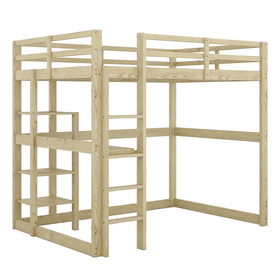 Okwish Lit Mezzanine 140x200 cm - Lit en Bois avec Bureau et 4 Compartiments de Rangement, Lit en Pin Naturel, Sans Matelas Best