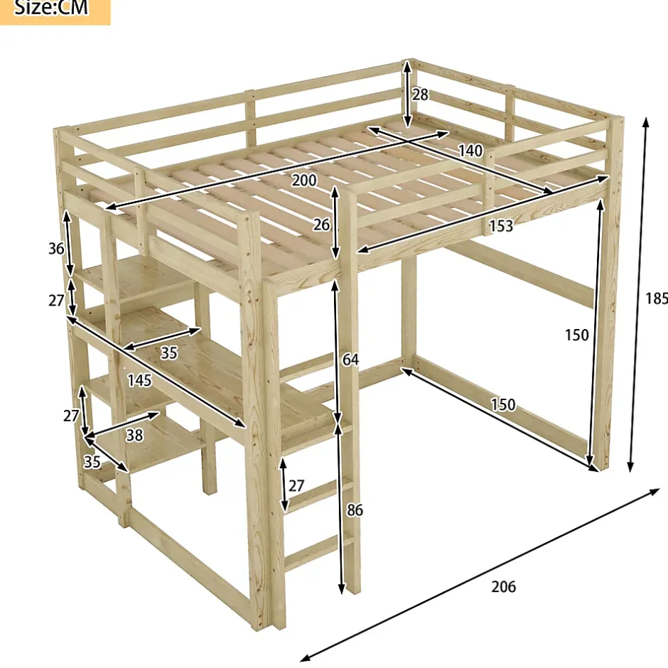 Okwish Lit Mezzanine 140x200 cm - Lit en Bois avec Bureau et 4 Compartiments de Rangement, Lit en Pin Naturel, Sans Matelas Best