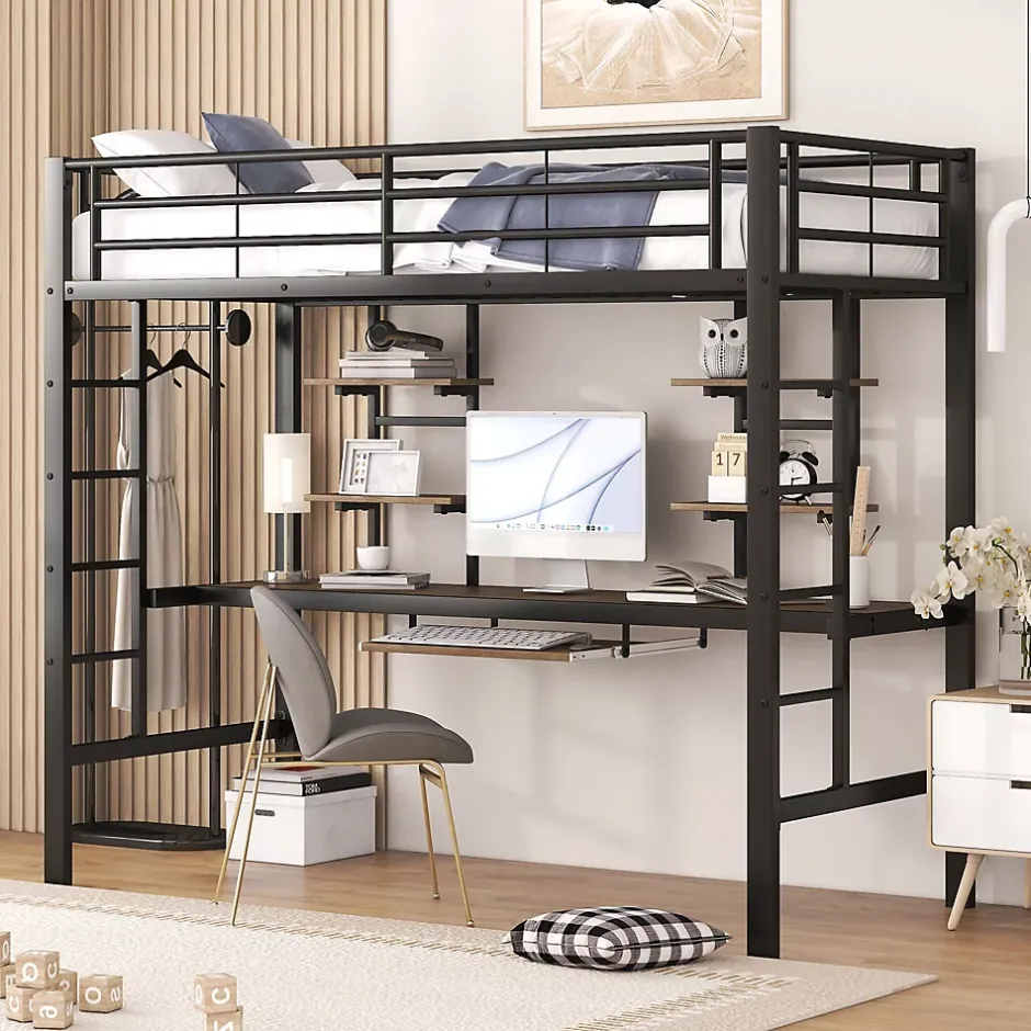 Okwish Lit Mezzanine 90x200 cm - Lit enfant avec Bureau et 2 Étagères - Métal + MDF - Sans Matelas - Noir Discount