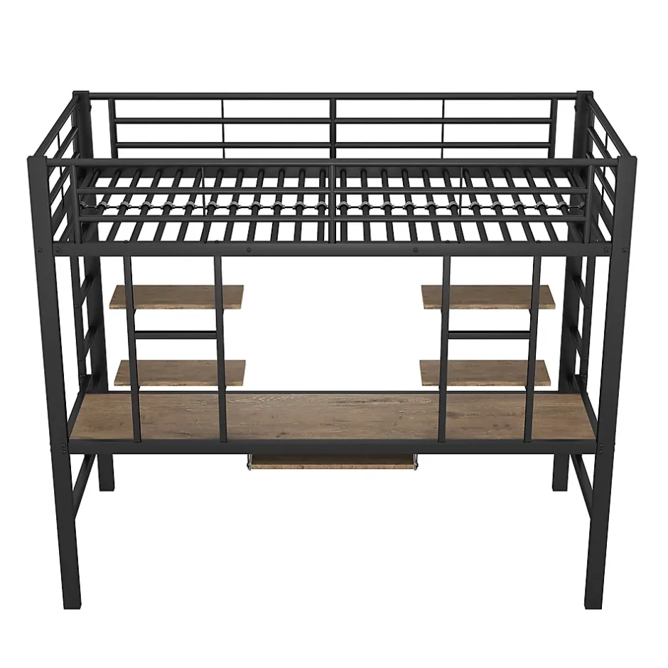 Okwish Lit Mezzanine 90x200 cm - Lit enfant avec Bureau et 2 Étagères - Métal + MDF - Sans Matelas - Noir Discount