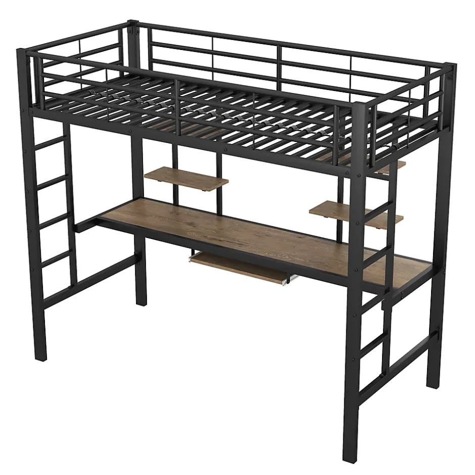 Okwish Lit Mezzanine 90x200 cm - Lit enfant avec Bureau et 2 Étagères - Métal + MDF - Sans Matelas - Noir Discount