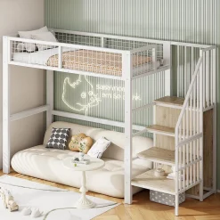 Okwish Lit Mezzanine 90x200 cm - Lit enfant avec Rangement, Armoire Intégrée, Étagères et Échelle Sécurisée, Métal Blanc Clearance