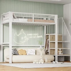 Okwish Lit Mezzanine 90x200 cm - Lit enfant avec Rangement, Armoire Intégrée, Étagères et Échelle Sécurisée, Métal Blanc Clearance