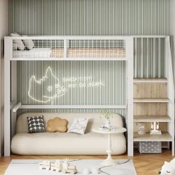 Okwish Lit Mezzanine 90x200 cm - Lit enfant avec Rangement, Armoire Intégrée, Étagères et Échelle Sécurisée, Métal Blanc Clearance