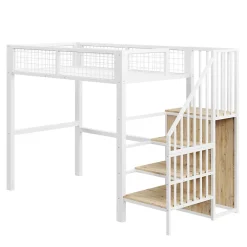 Okwish Lit Mezzanine 90x200 cm - Lit enfant avec Rangement, Armoire Intégrée, Étagères et Échelle Sécurisée, Métal Blanc Clearance