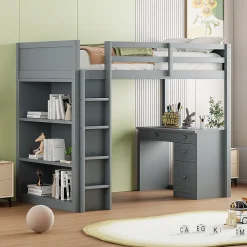 Okwish Lit Mezzanine 90x200 cm - Lit enfant avec Bureau et Rangement, Lit Combiné en Bois de Pin Gris, Sans Matelas