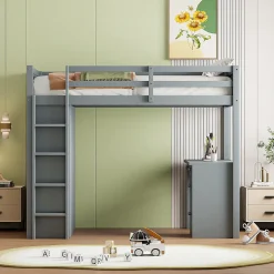 Okwish Lit Mezzanine 90x200 cm - Lit enfant avec Bureau et Rangement, Lit Combiné en Bois de Pin Gris, Sans Matelas