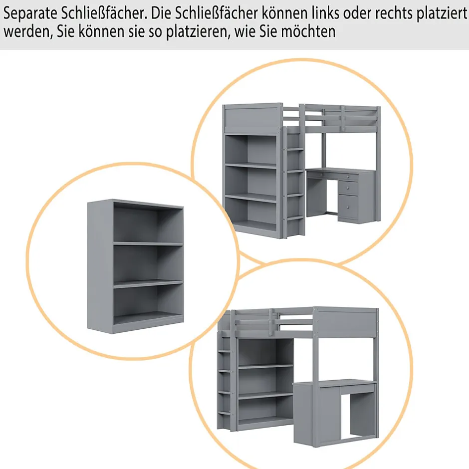Okwish Lit Mezzanine 90x200 cm - Lit enfant avec Bureau et Rangement, Lit Combiné en Bois de Pin Gris, Sans Matelas