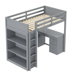 Okwish Lit Mezzanine 90x200 cm - Lit enfant avec Bureau et Rangement, Lit Combiné en Bois de Pin Gris, Sans Matelas