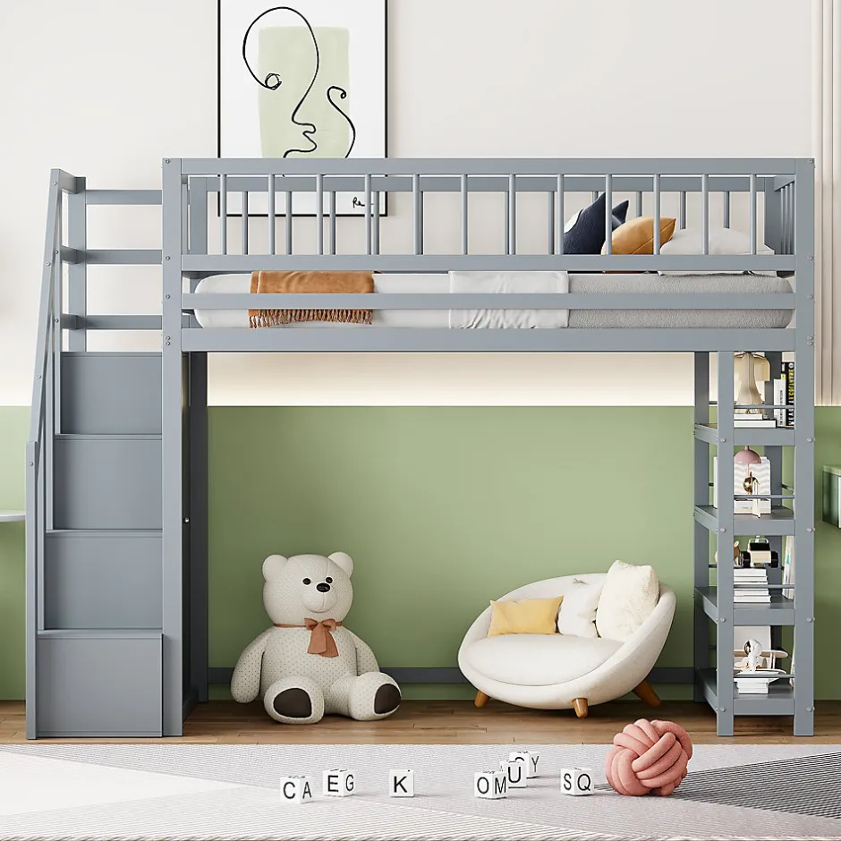 Okwish Lit Mezzanine 90x200 cm - Lit enfant avec Garde-Corps Sécurisé et Armoire Intégrée - Étagères Pratiques - Bois Massif - Gris