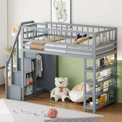 Okwish Lit Mezzanine 90x200 cm - Lit enfant avec Garde-Corps Sécurisé et Armoire Intégrée - Étagères Pratiques - Bois Massif - Gris