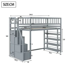 Okwish Lit Mezzanine 90x200 cm - Lit enfant avec Garde-Corps Sécurisé et Armoire Intégrée - Étagères Pratiques - Bois Massif - Gris