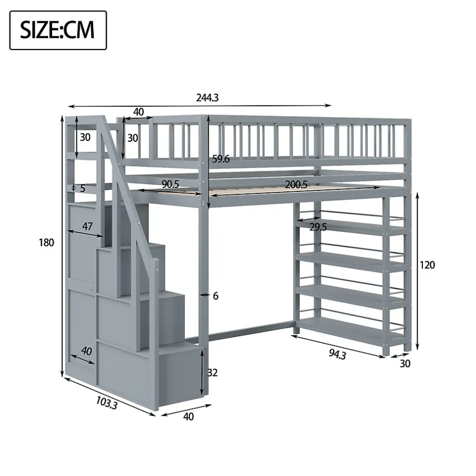 Okwish Lit Mezzanine 90x200 cm - Lit enfant avec Garde-Corps Sécurisé et Armoire Intégrée - Étagères Pratiques - Bois Massif - Gris