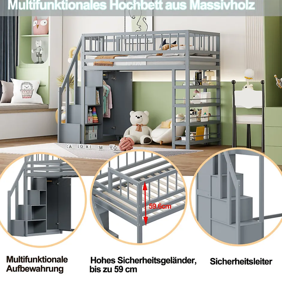 Okwish Lit Mezzanine 90x200 cm - Lit enfant avec Garde-Corps Sécurisé et Armoire Intégrée - Étagères Pratiques - Bois Massif - Gris