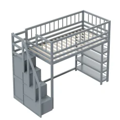 Okwish Lit Mezzanine 90x200 cm - Lit enfant avec Garde-Corps Sécurisé et Armoire Intégrée - Étagères Pratiques - Bois Massif - Gris