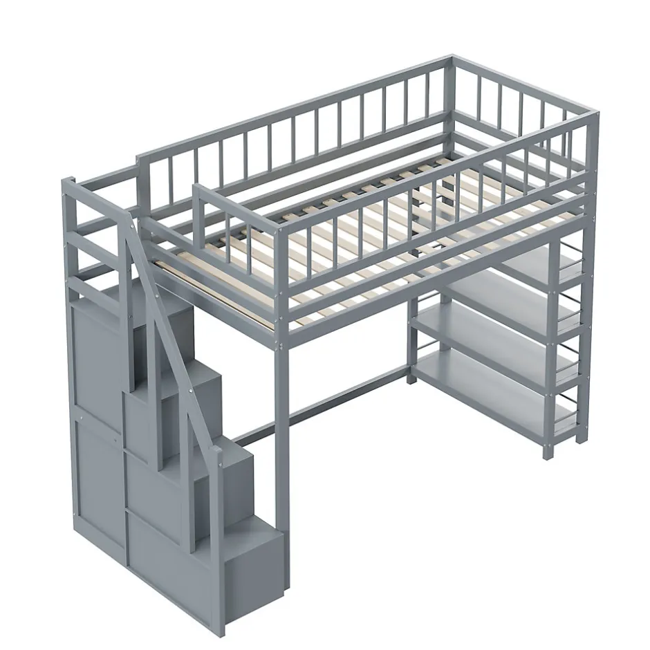 Okwish Lit Mezzanine 90x200 cm - Lit enfant avec Garde-Corps Sécurisé et Armoire Intégrée - Étagères Pratiques - Bois Massif - Gris