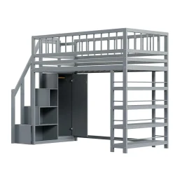 Okwish Lit Mezzanine 90x200 cm - Lit enfant avec Garde-Corps Sécurisé et Armoire Intégrée - Étagères Pratiques - Bois Massif - Gris