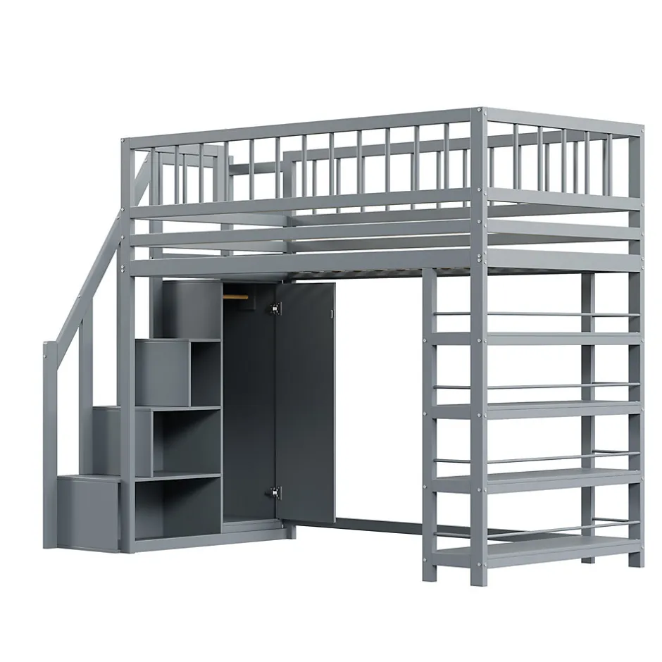 Okwish Lit Mezzanine 90x200 cm - Lit enfant avec Garde-Corps Sécurisé et Armoire Intégrée - Étagères Pratiques - Bois Massif - Gris
