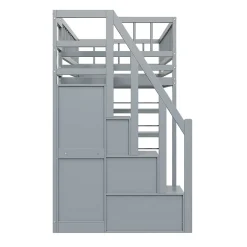 Okwish Lit Mezzanine 90x200 cm - Lit enfant avec Garde-Corps Sécurisé et Armoire Intégrée - Étagères Pratiques - Bois Massif - Gris