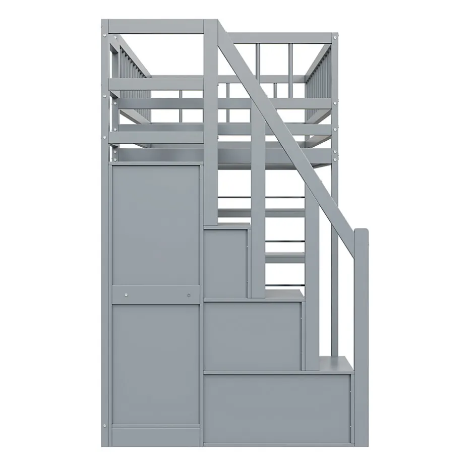 Okwish Lit Mezzanine 90x200 cm - Lit enfant avec Garde-Corps Sécurisé et Armoire Intégrée - Étagères Pratiques - Bois Massif - Gris