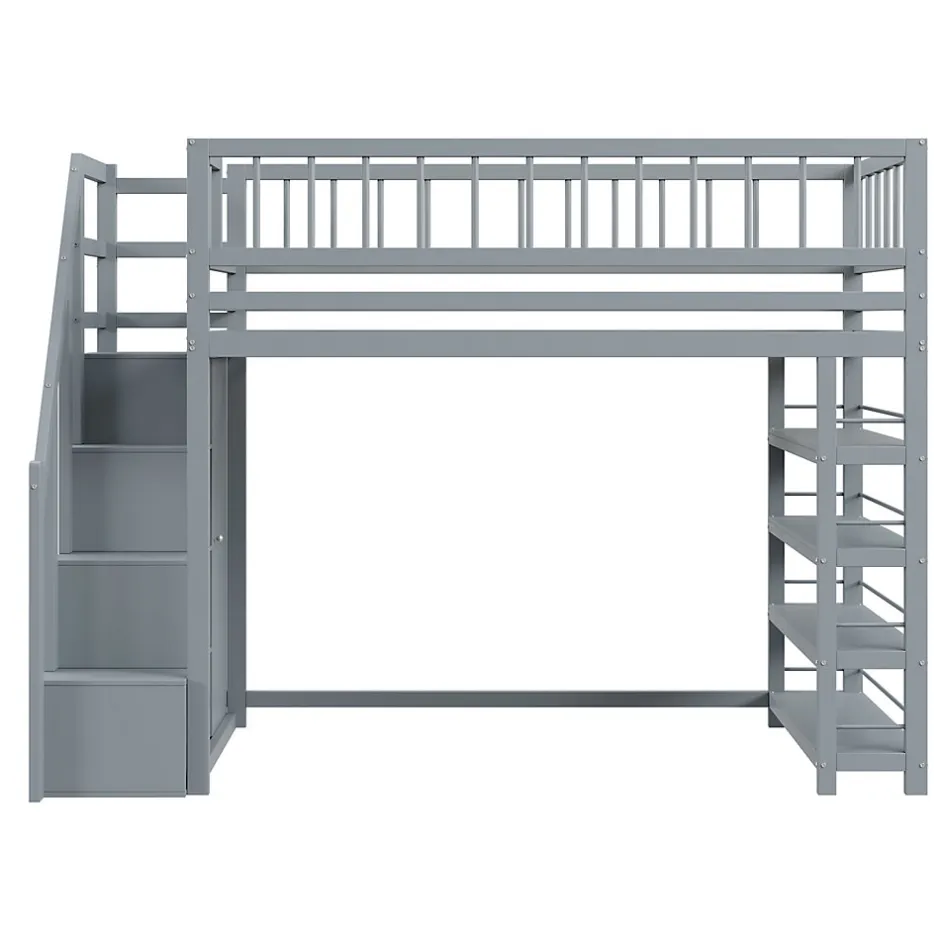 Okwish Lit Mezzanine 90x200 cm - Lit enfant avec Garde-Corps Sécurisé et Armoire Intégrée - Étagères Pratiques - Bois Massif - Gris