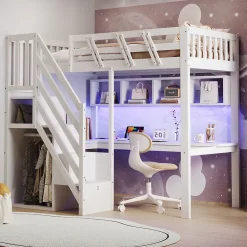 Okwish Lit Mezzanine 90x200 cm - Lit Enfant avec Escalier et Rangement, Bureau Intégré avec LED et USB - Sans Matelas - Bois Blanc Hot