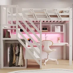 Okwish Lit Mezzanine 90x200 cm - Lit Enfant avec Escalier et Rangement, Bureau Intégré avec LED et USB - Sans Matelas - Bois Blanc Hot