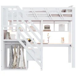 Okwish Lit Mezzanine 90x200 cm - Lit Enfant avec Escalier et Rangement, Bureau Intégré avec LED et USB - Sans Matelas - Bois Blanc Hot
