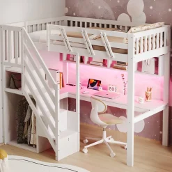 Okwish Lit Mezzanine 90x200 cm - Lit Enfant avec Escalier et Rangement, Bureau Intégré avec LED et USB - Sans Matelas - Bois Blanc Hot