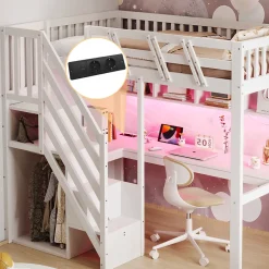 Okwish Lit Mezzanine 90x200 cm - Lit Enfant avec Escalier et Rangement, Bureau Intégré avec LED et USB - Sans Matelas - Bois Blanc Hot