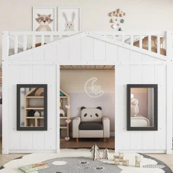 Okwish Lit Mezzanine 90x200 cm - Lit Mezzanine enfant avec Échelle, Protection Anti-Chute et Fenêtres, Design Bois, Blanc - Sans Matelas