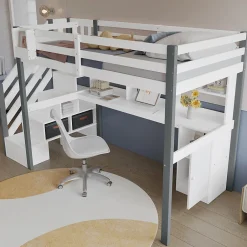 Okwish Lit Mezzanine 90x200 cm - Lit Mezzanine Ado avec Bureau, Rangement et Étagères, Pin et MDF, Blanc et Gris, Sans Matelas