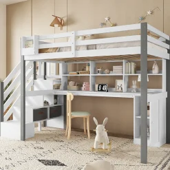 Okwish Lit Mezzanine 90x200 cm - Lit Mezzanine Ado avec Bureau, Rangement et Étagères, Pin et MDF, Blanc et Gris, Sans Matelas