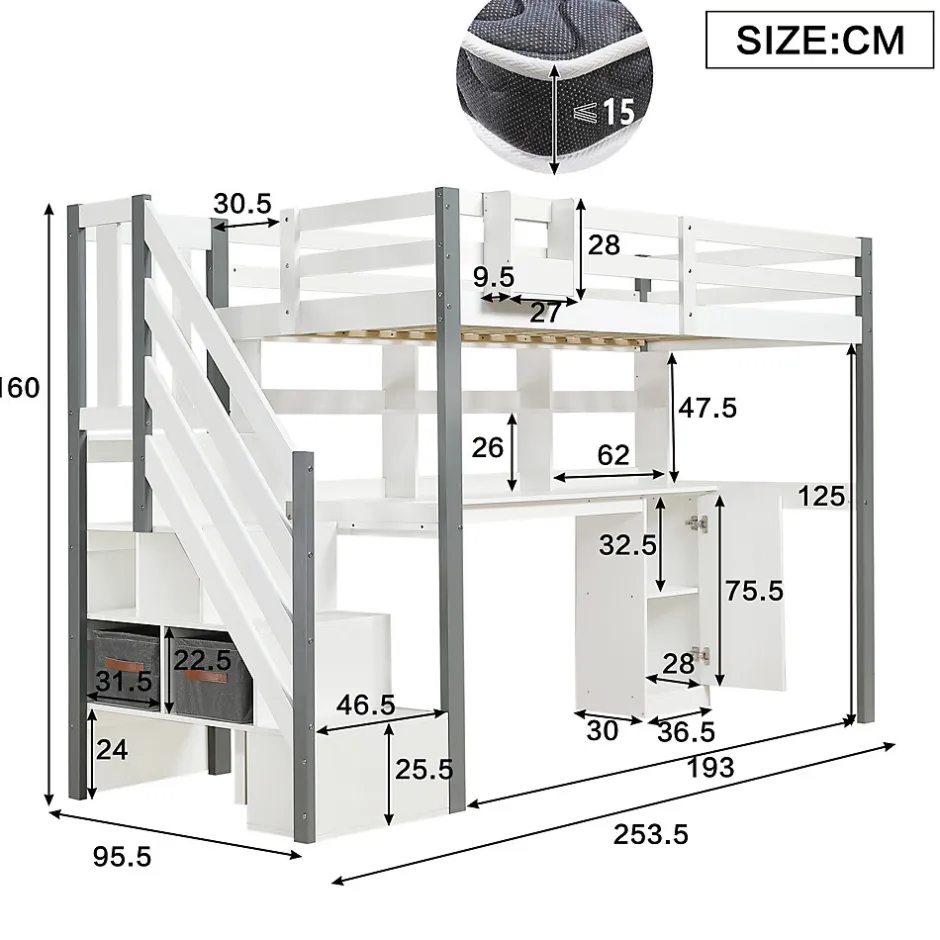 Okwish Lit Mezzanine 90x200 cm - Lit Mezzanine Ado avec Bureau, Rangement et Étagères, Pin et MDF, Blanc et Gris, Sans Matelas