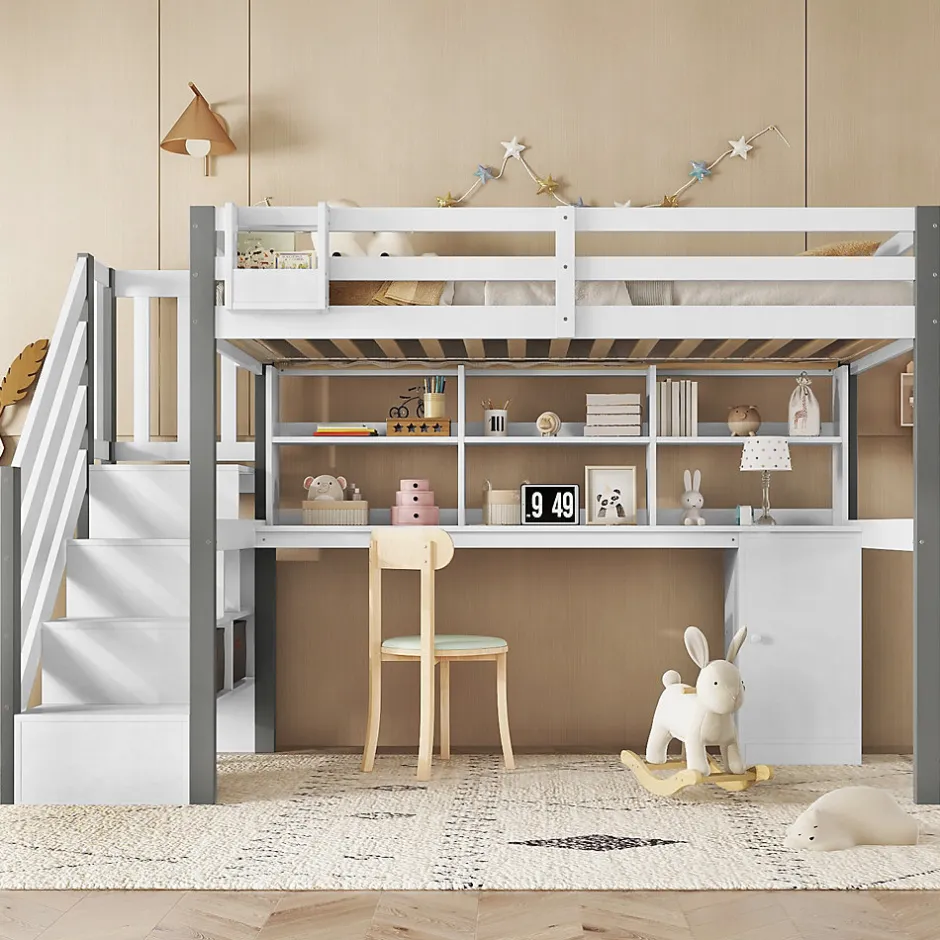 Okwish Lit Mezzanine 90x200 cm - Lit Mezzanine Ado avec Bureau, Rangement et Étagères, Pin et MDF, Blanc et Gris, Sans Matelas
