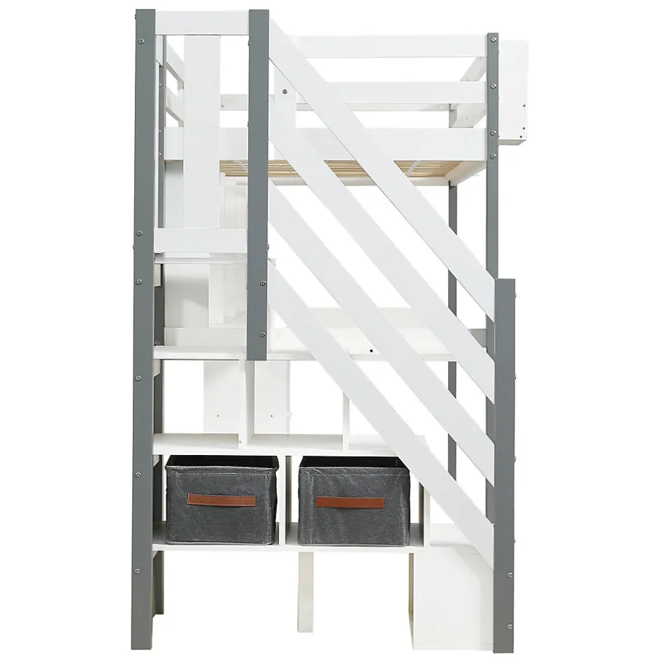 Okwish Lit Mezzanine 90x200 cm - Lit Mezzanine Ado avec Bureau, Rangement et Étagères, Pin et MDF, Blanc et Gris, Sans Matelas