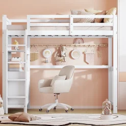 Okwish Lit Mezzanine 90x200 cm - Lit Simple avec Bureau et 6 Tiroirs, Étagères de Rangement, Bois de Pin et MDF, Blanc - Sans Matelas Discount