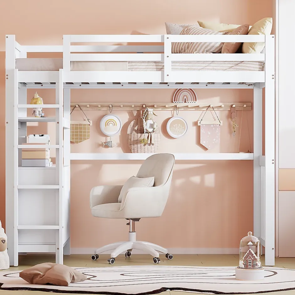 Okwish Lit Mezzanine 90x200 cm - Lit Simple avec Bureau et 6 Tiroirs, Étagères de Rangement, Bois de Pin et MDF, Blanc - Sans Matelas Discount