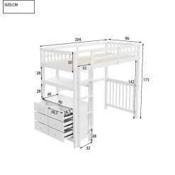 Okwish Lit Mezzanine 90x200 cm - Lit Simple avec Bureau et 6 Tiroirs, Étagères de Rangement, Bois de Pin et MDF, Blanc - Sans Matelas Discount
