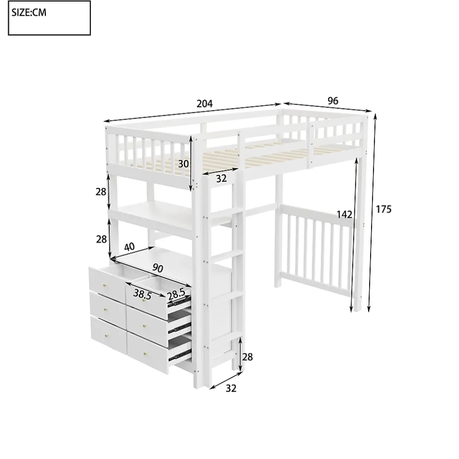 Okwish Lit Mezzanine 90x200 cm - Lit Simple avec Bureau et 6 Tiroirs, Étagères de Rangement, Bois de Pin et MDF, Blanc - Sans Matelas Discount