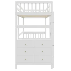 Okwish Lit Mezzanine 90x200 cm - Lit Simple avec Bureau et 6 Tiroirs, Étagères de Rangement, Bois de Pin et MDF, Blanc - Sans Matelas Discount