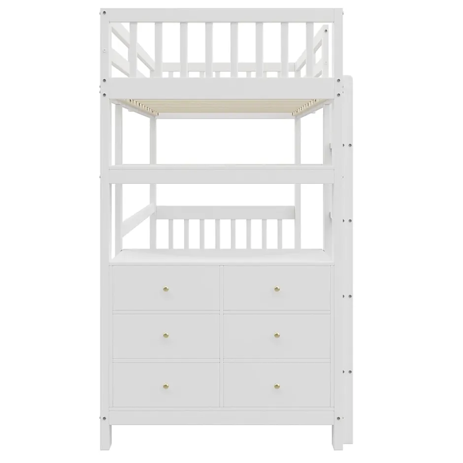 Okwish Lit Mezzanine 90x200 cm - Lit Simple avec Bureau et 6 Tiroirs, Étagères de Rangement, Bois de Pin et MDF, Blanc - Sans Matelas Discount
