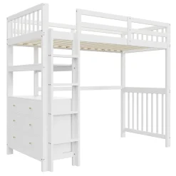 Okwish Lit Mezzanine 90x200 cm - Lit Simple avec Bureau et 6 Tiroirs, Étagères de Rangement, Bois de Pin et MDF, Blanc - Sans Matelas Discount