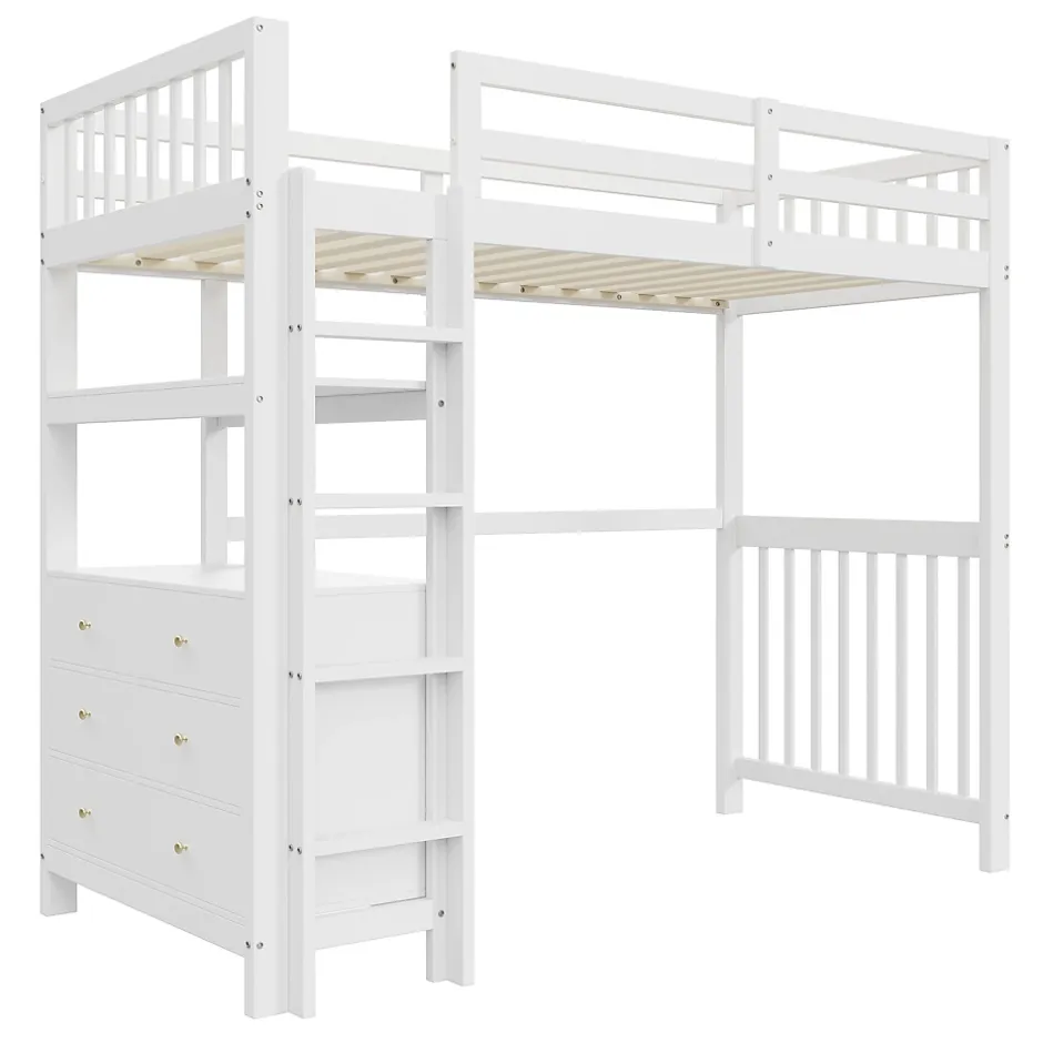Okwish Lit Mezzanine 90x200 cm - Lit Simple avec Bureau et 6 Tiroirs, Étagères de Rangement, Bois de Pin et MDF, Blanc - Sans Matelas Discount