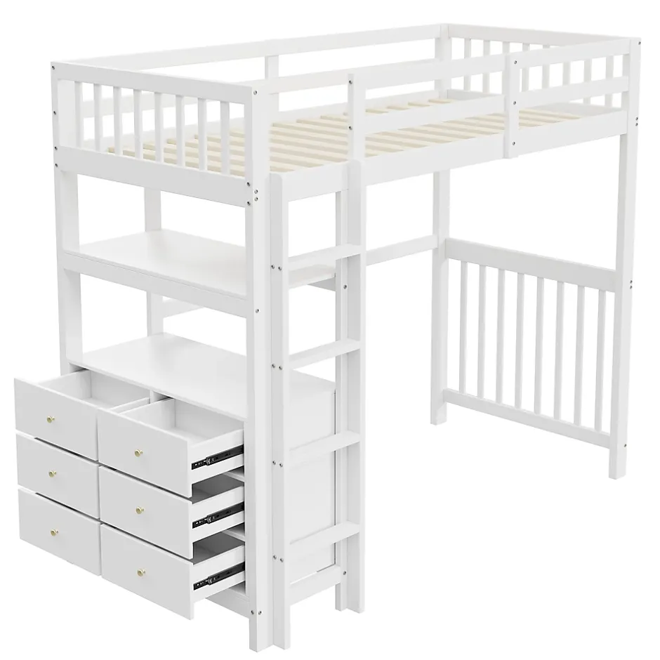 Okwish Lit Mezzanine 90x200 cm - Lit Simple avec Bureau et 6 Tiroirs, Étagères de Rangement, Bois de Pin et MDF, Blanc - Sans Matelas Discount
