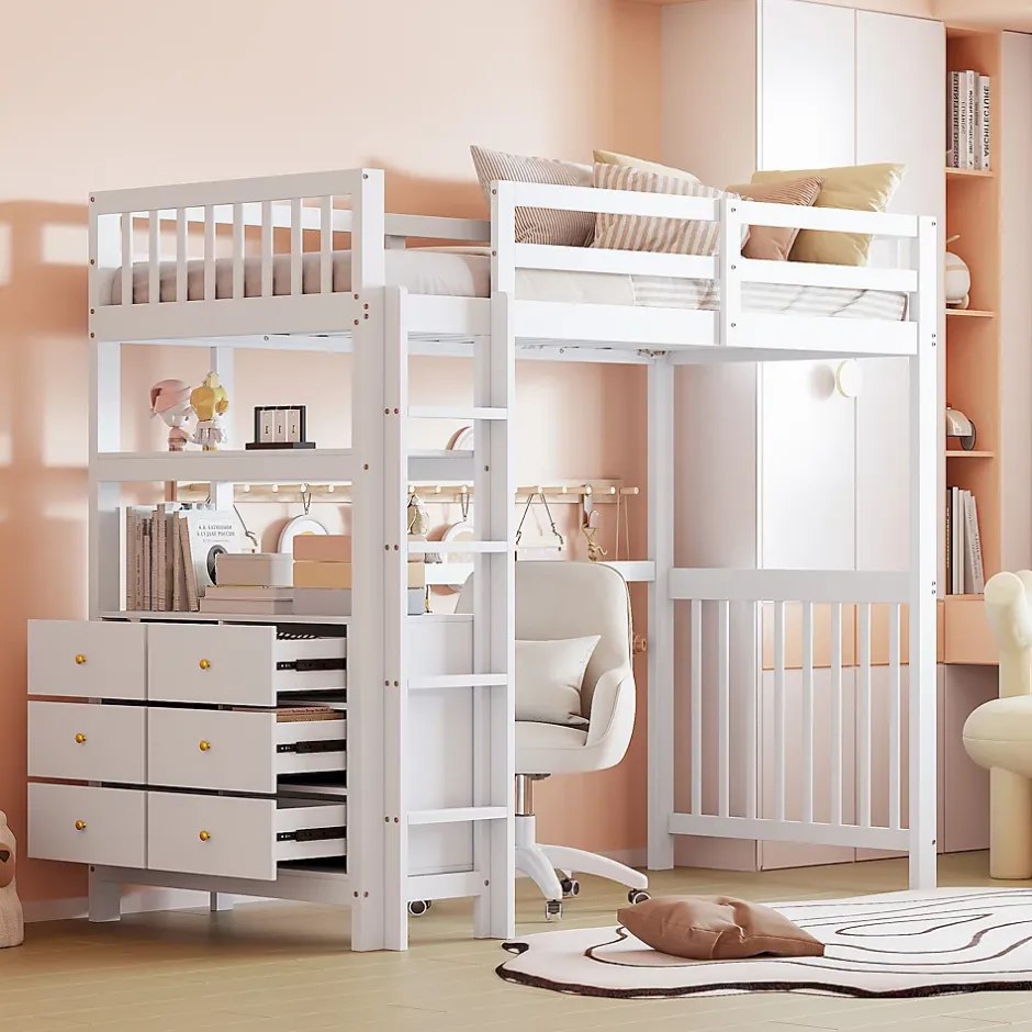 Okwish Lit Mezzanine 90x200 cm - Lit Simple avec Bureau et 6 Tiroirs, Étagères de Rangement, Bois de Pin et MDF, Blanc - Sans Matelas Discount