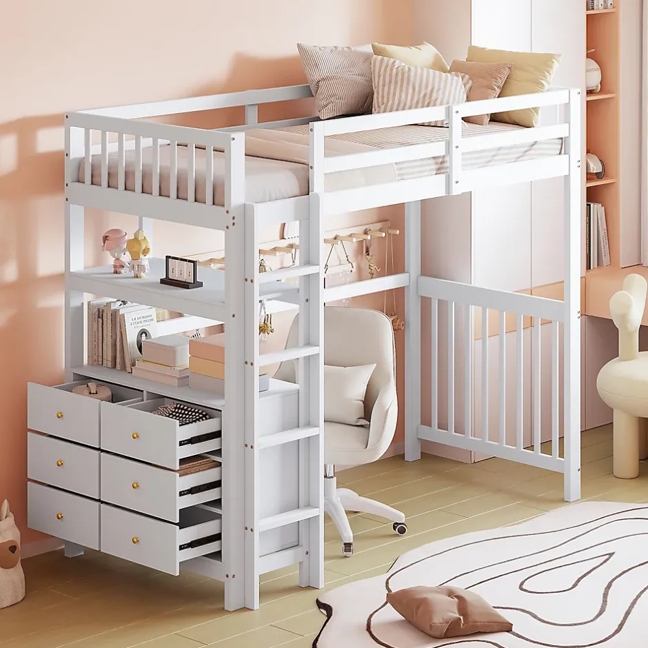 Okwish Lit Mezzanine 90x200 cm - Lit Simple avec Bureau et 6 Tiroirs, Étagères de Rangement, Bois de Pin et MDF, Blanc - Sans Matelas Discount