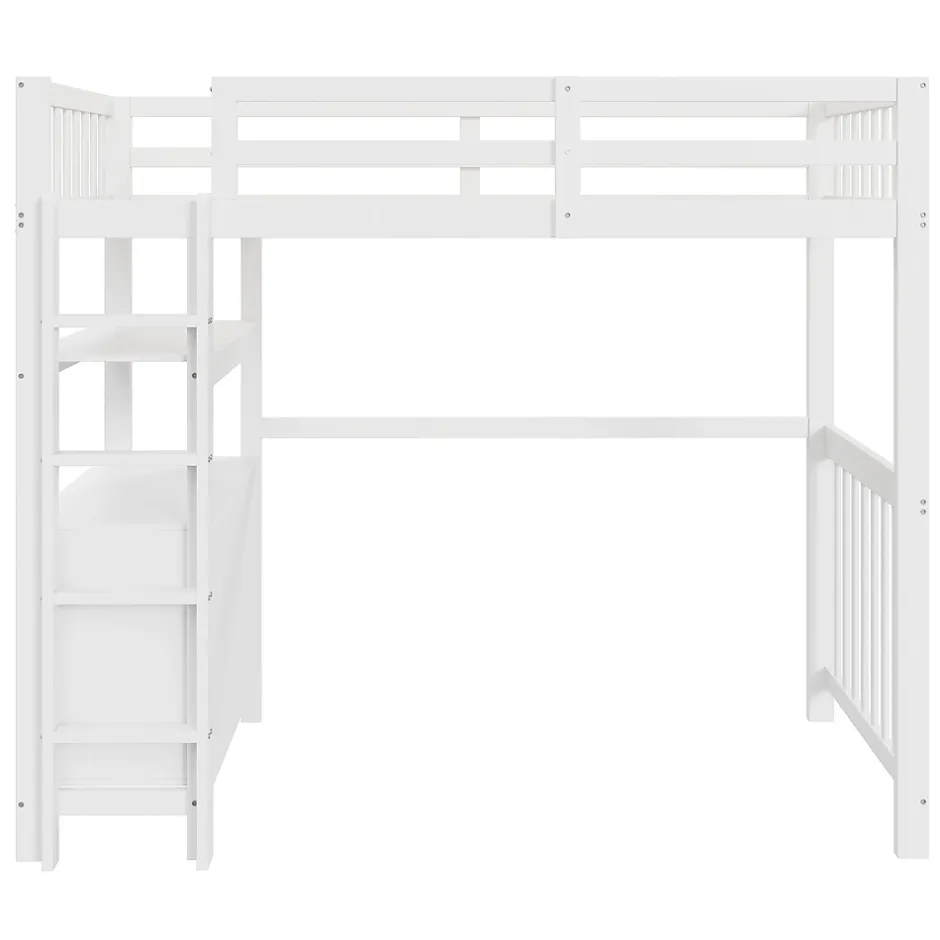 Okwish Lit Mezzanine 90x200 cm - Lit Simple avec Bureau et 6 Tiroirs, Étagères de Rangement, Bois de Pin et MDF, Blanc - Sans Matelas Discount