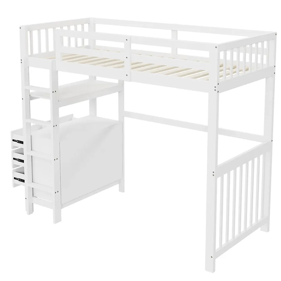 Okwish Lit Mezzanine 90x200 cm - Lit Simple avec Bureau et 6 Tiroirs, Étagères de Rangement, Bois de Pin et MDF, Blanc - Sans Matelas Discount